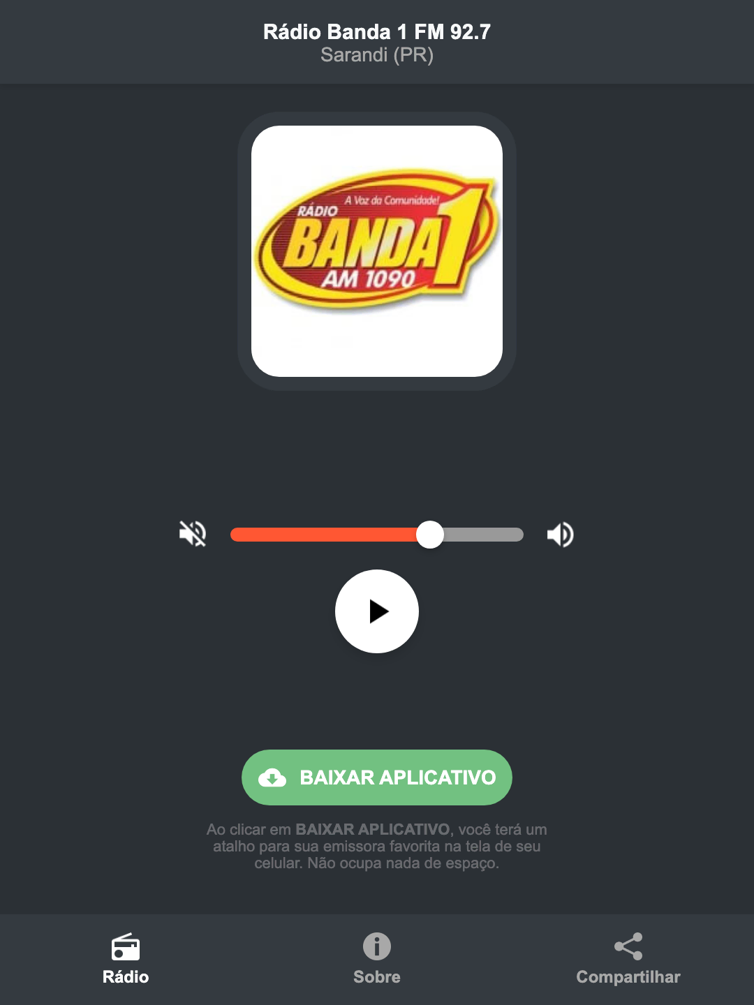Screenshot do aplicativo da Rádio Banda 1 FM 92.7