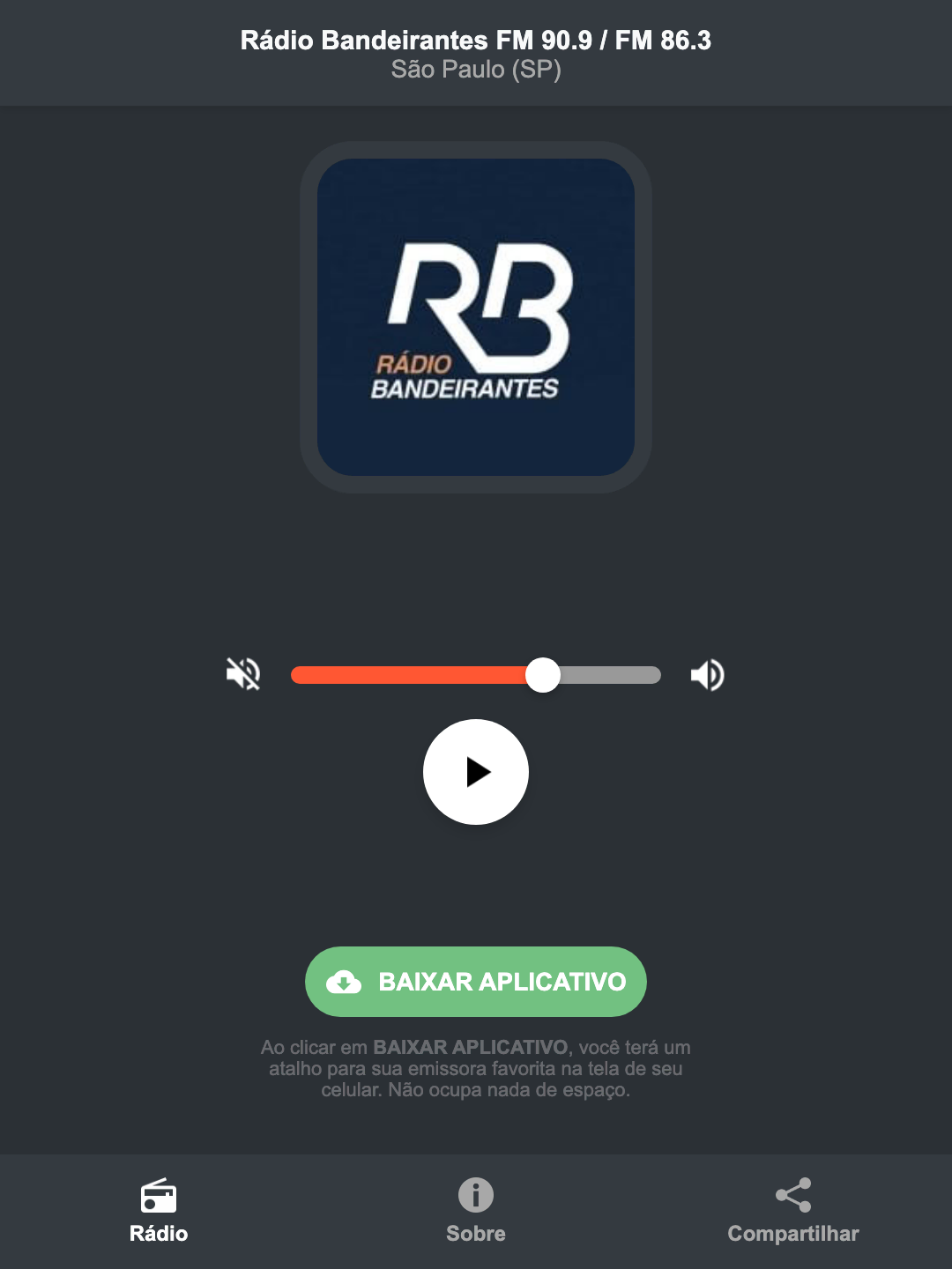Screenshot do aplicativo da Rádio Bandeirantes FM 90.9 / FM 86.3