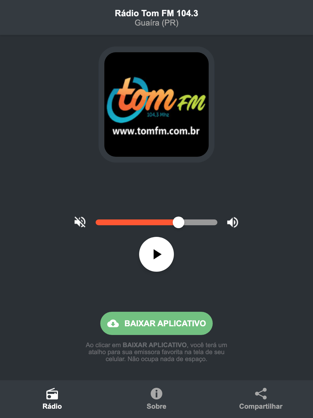 Screenshot do aplicativo da Rádio Tom FM 104.3
