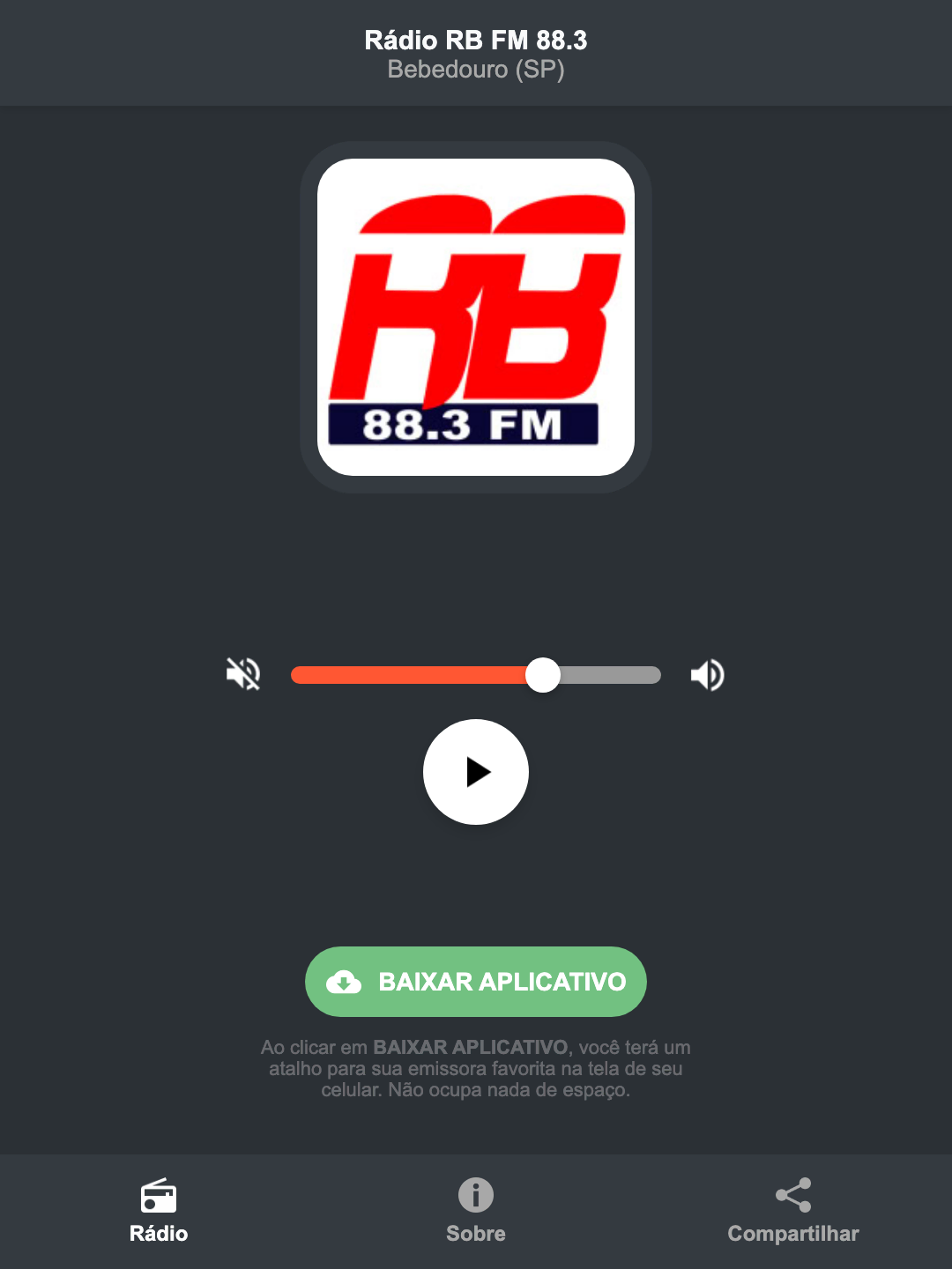 Screenshot do aplicativo da Rádio RB FM 88.3