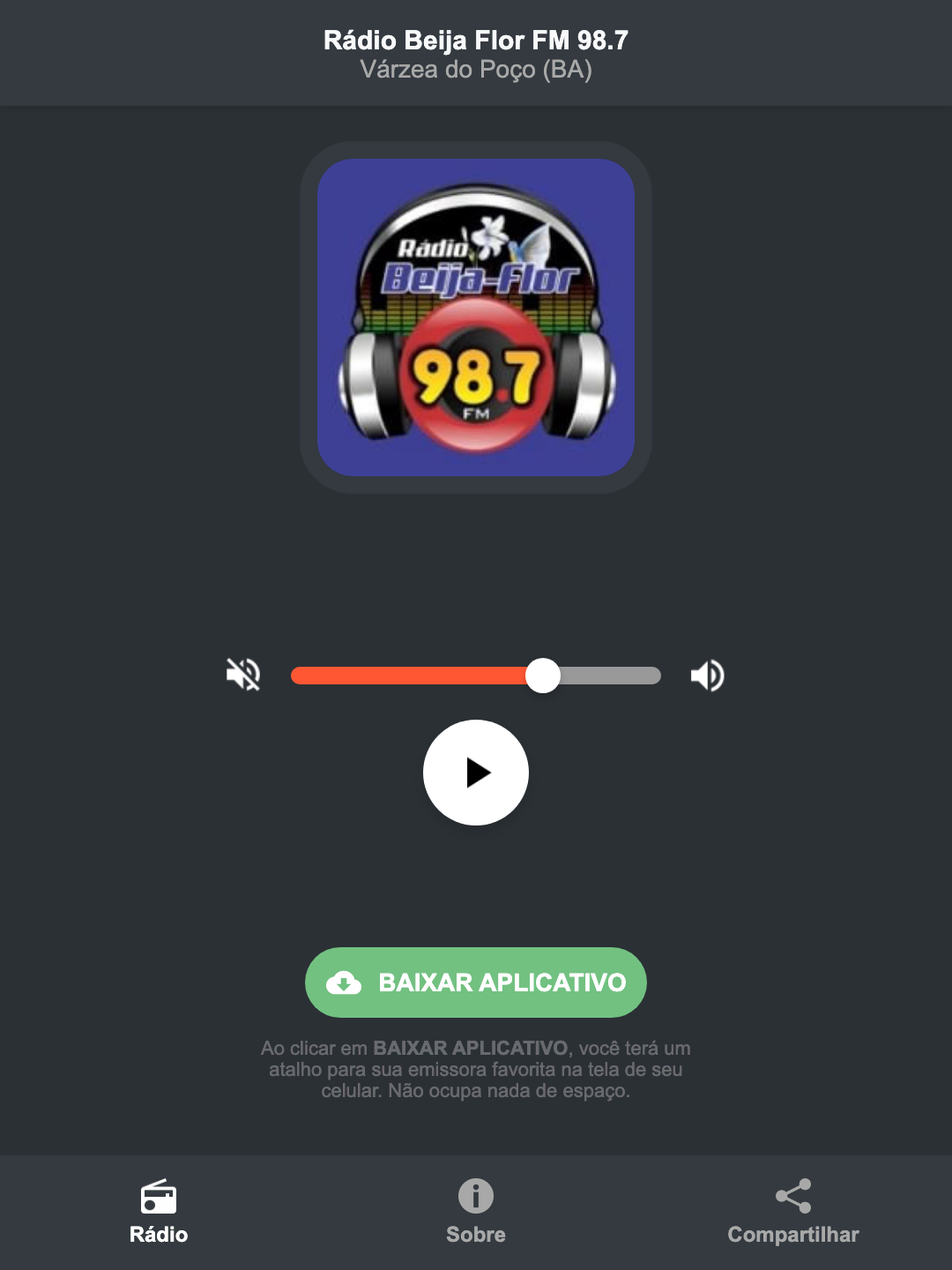 Screenshot do aplicativo da Rádio Beija Flor FM 98.7