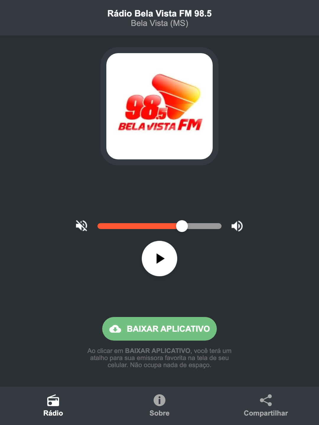Screenshot do aplicativo da Rádio Bela Vista FM 98.5