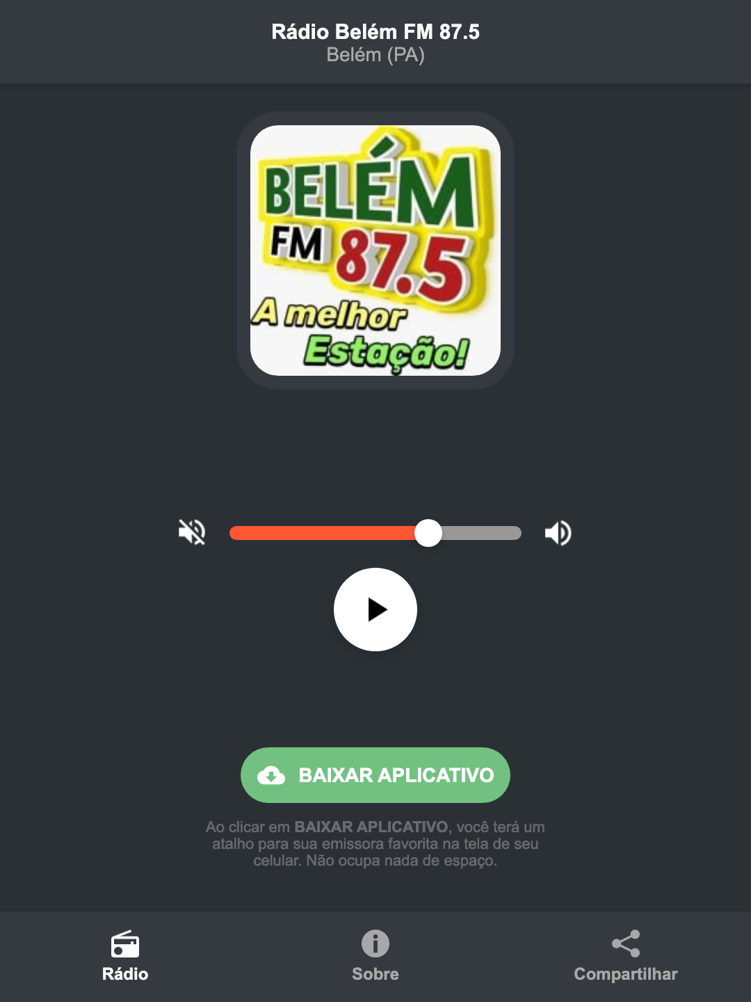 Screenshot do aplicativo da Rádio Belém FM 87.5