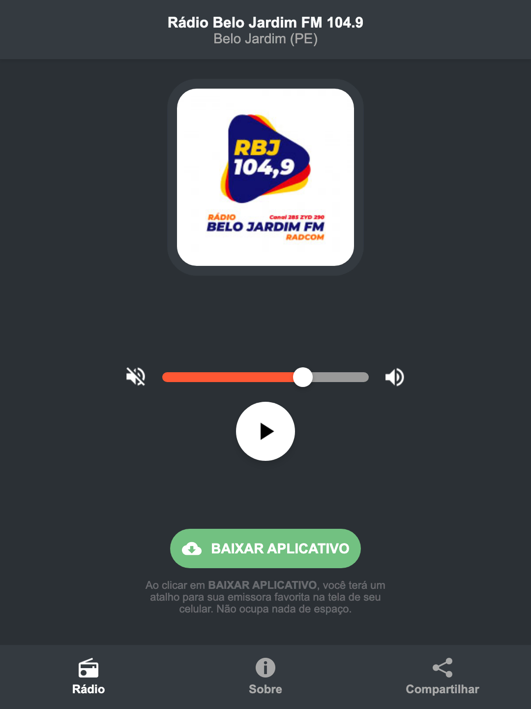 Screenshot do aplicativo da Rádio Belo Jardim FM 104.9