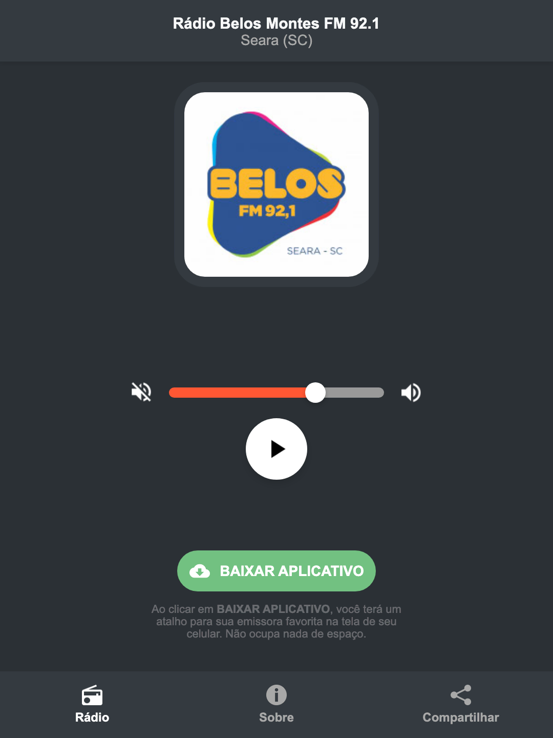 Screenshot do aplicativo da Rádio Belos Montes FM 92.1