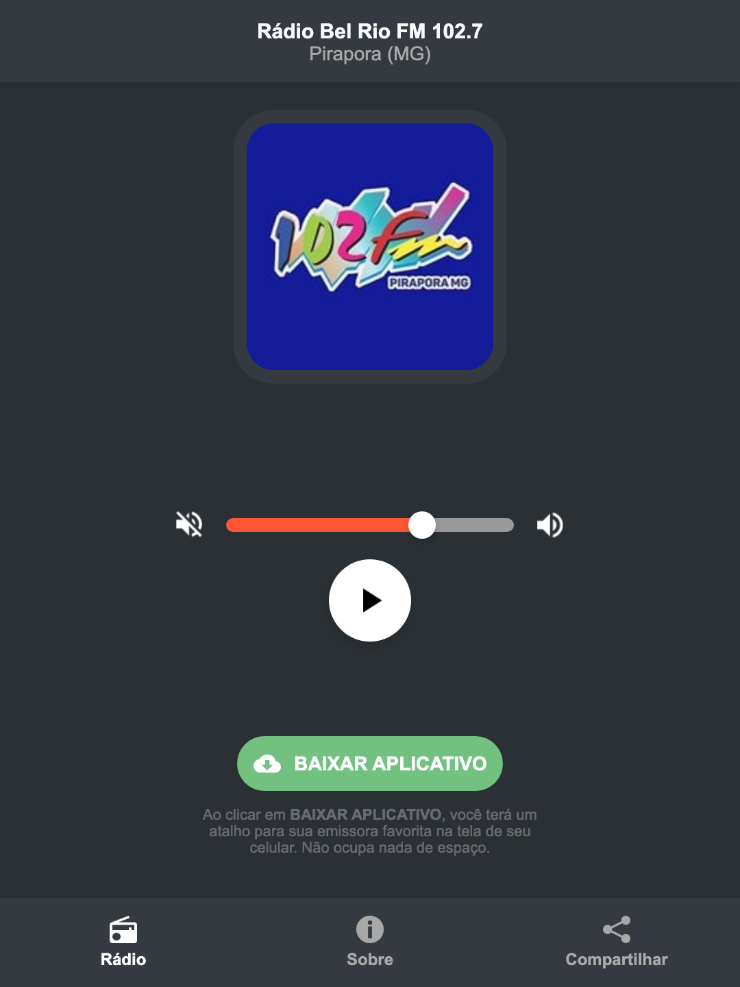 Screenshot do aplicativo da Rádio Bel Rio FM 102.7