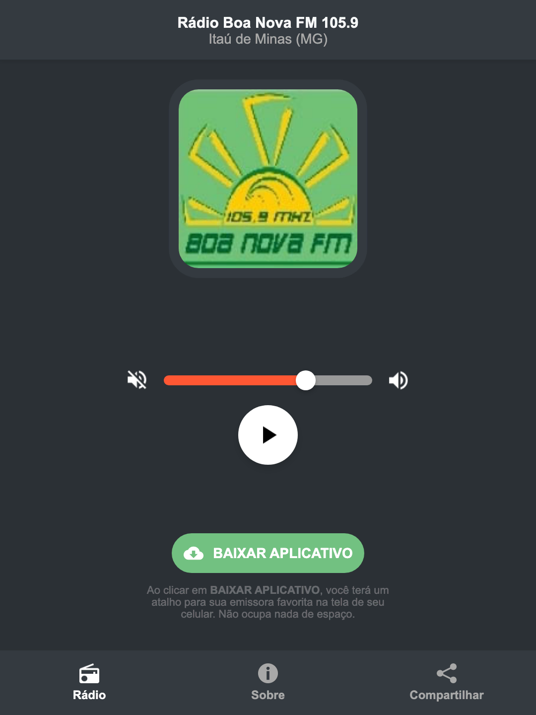 Screenshot do aplicativo da Rádio Boa Nova FM 105.9