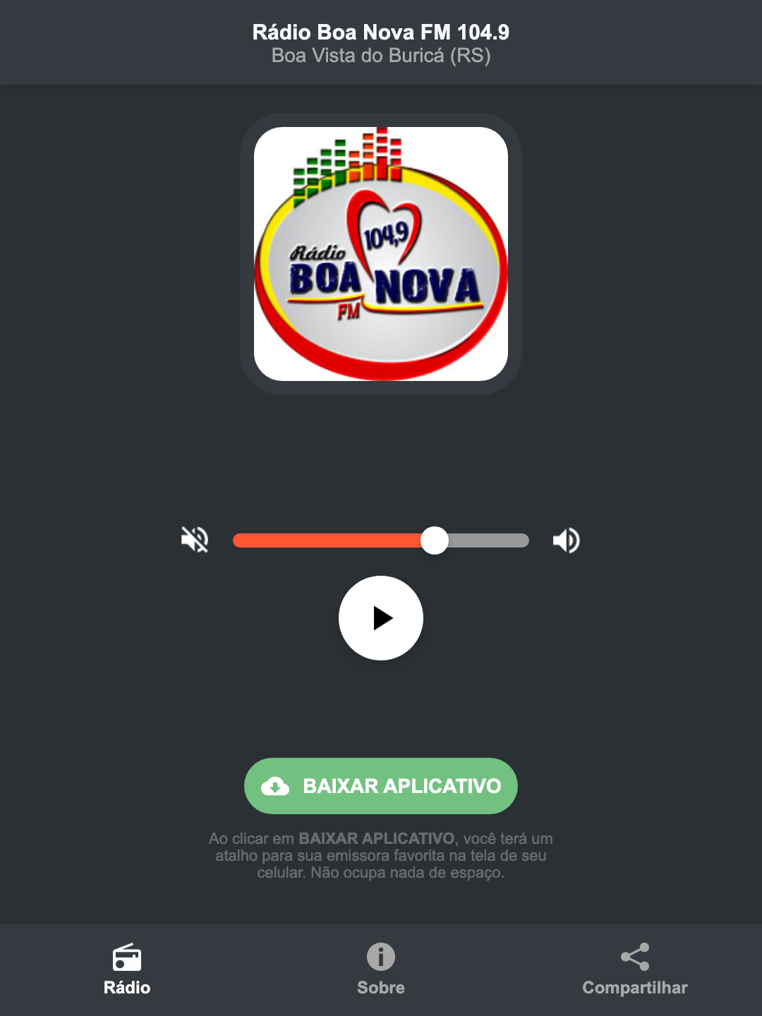 Screenshot do aplicativo da Rádio Boa Nova FM 104.9