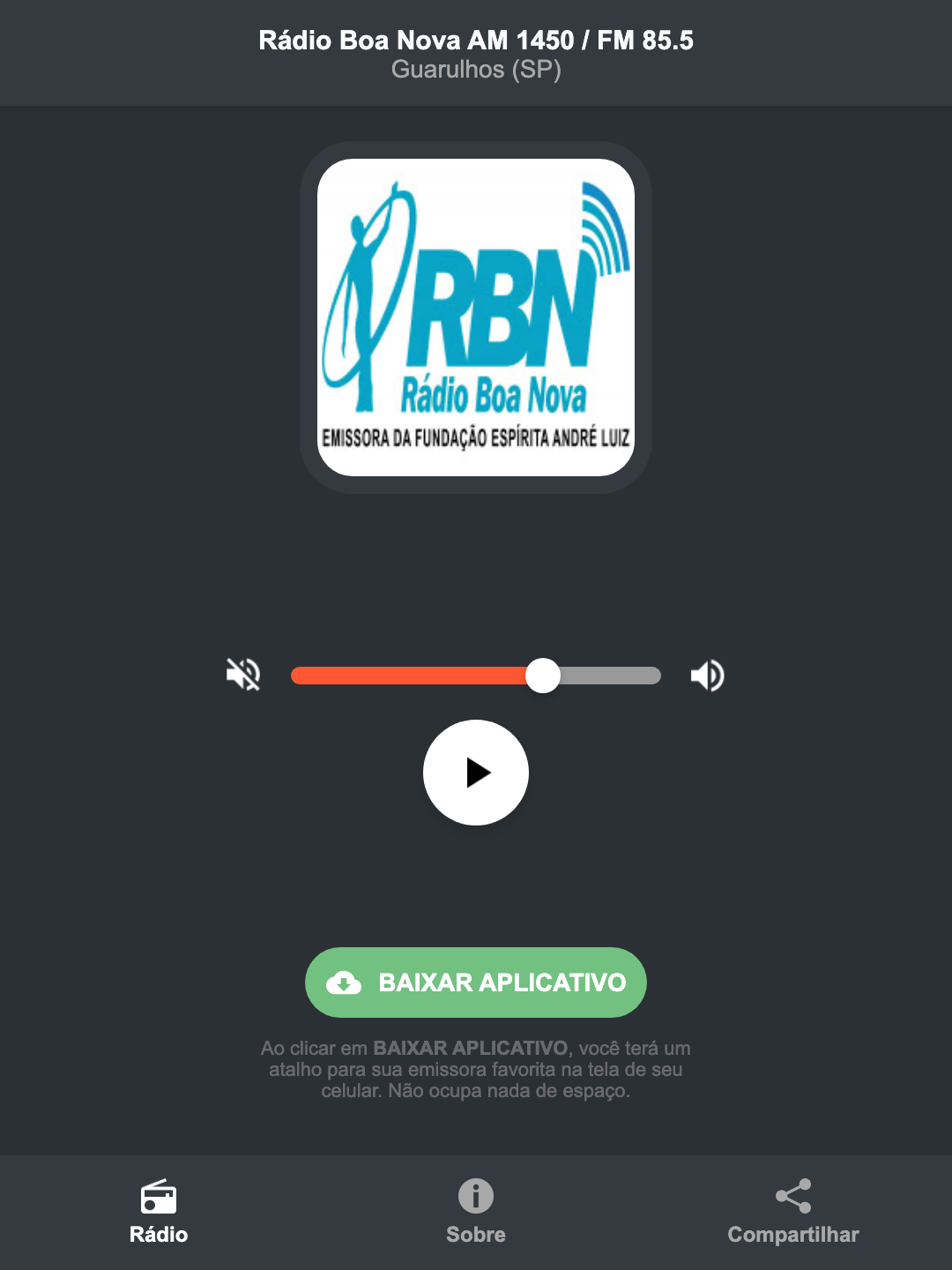 Screenshot do aplicativo da Rádio Boa Nova AM 1450 / FM 85.5