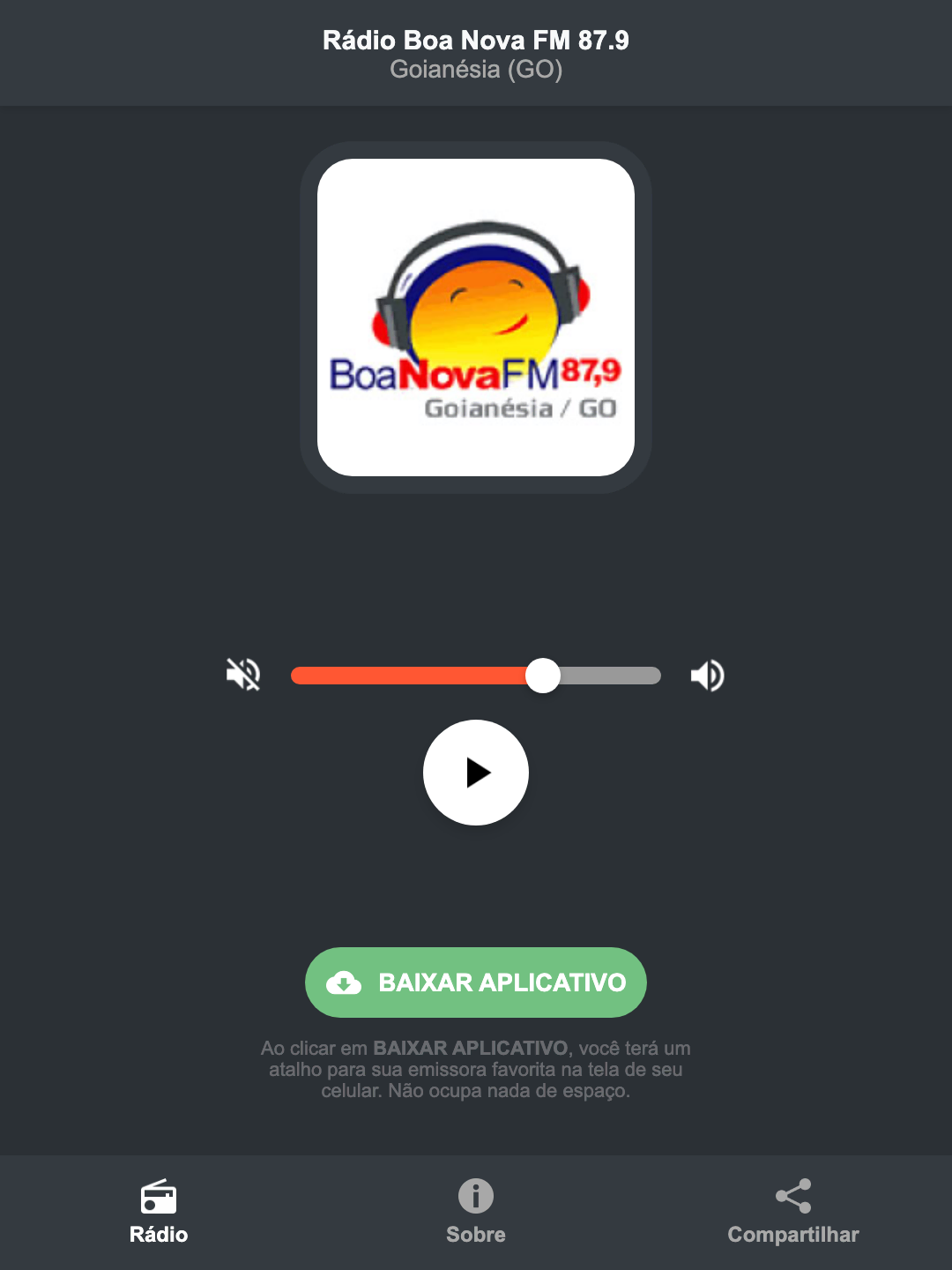 Screenshot do aplicativo da Rádio Boa Nova FM 87.9