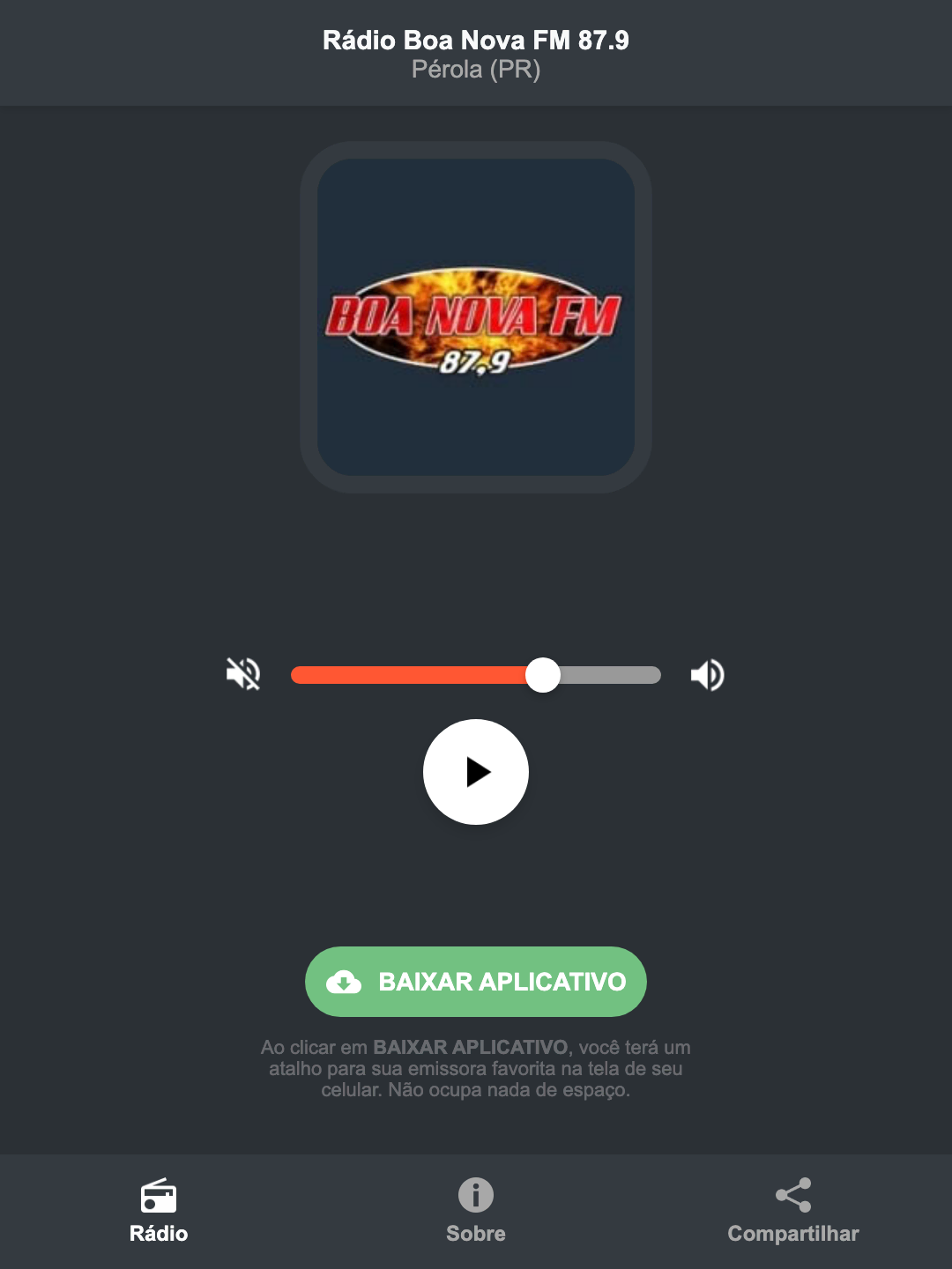 Screenshot do aplicativo da Rádio Boa Nova FM 87.9