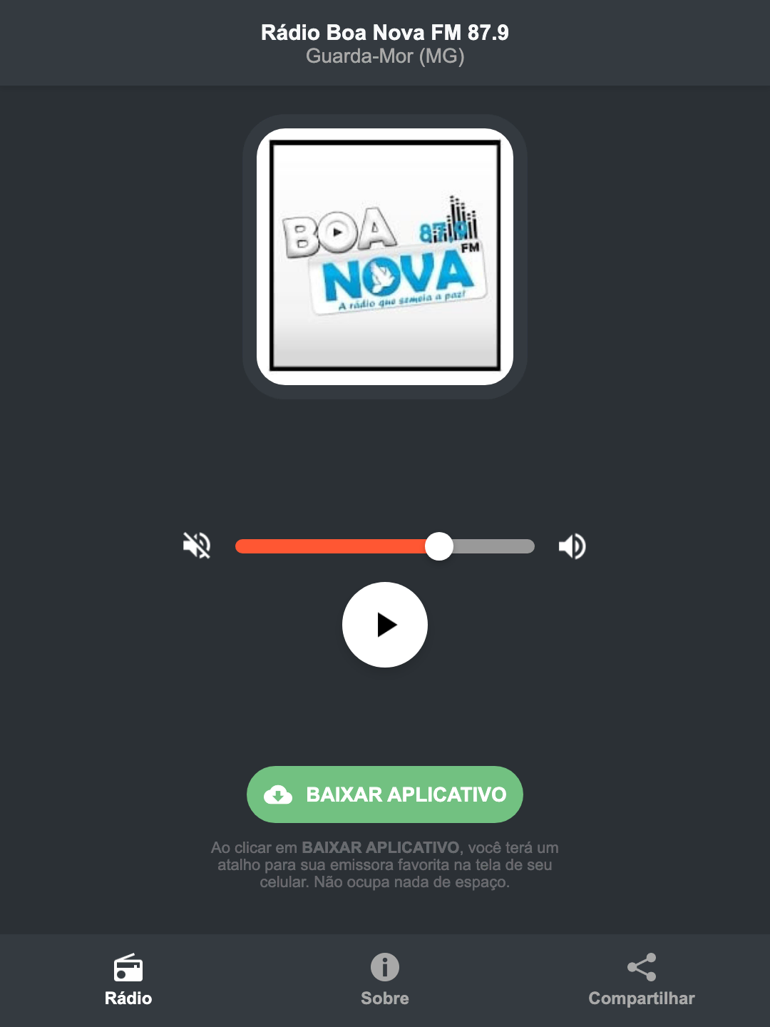 Screenshot do aplicativo da Rádio Boa Nova FM 87.9