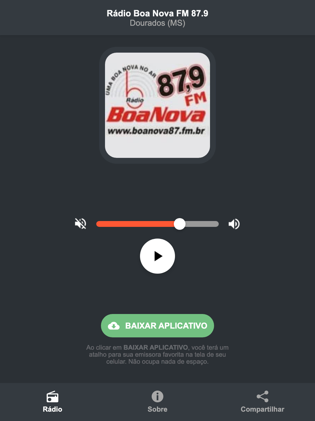 Screenshot do aplicativo da Rádio Boa Nova FM 87.9