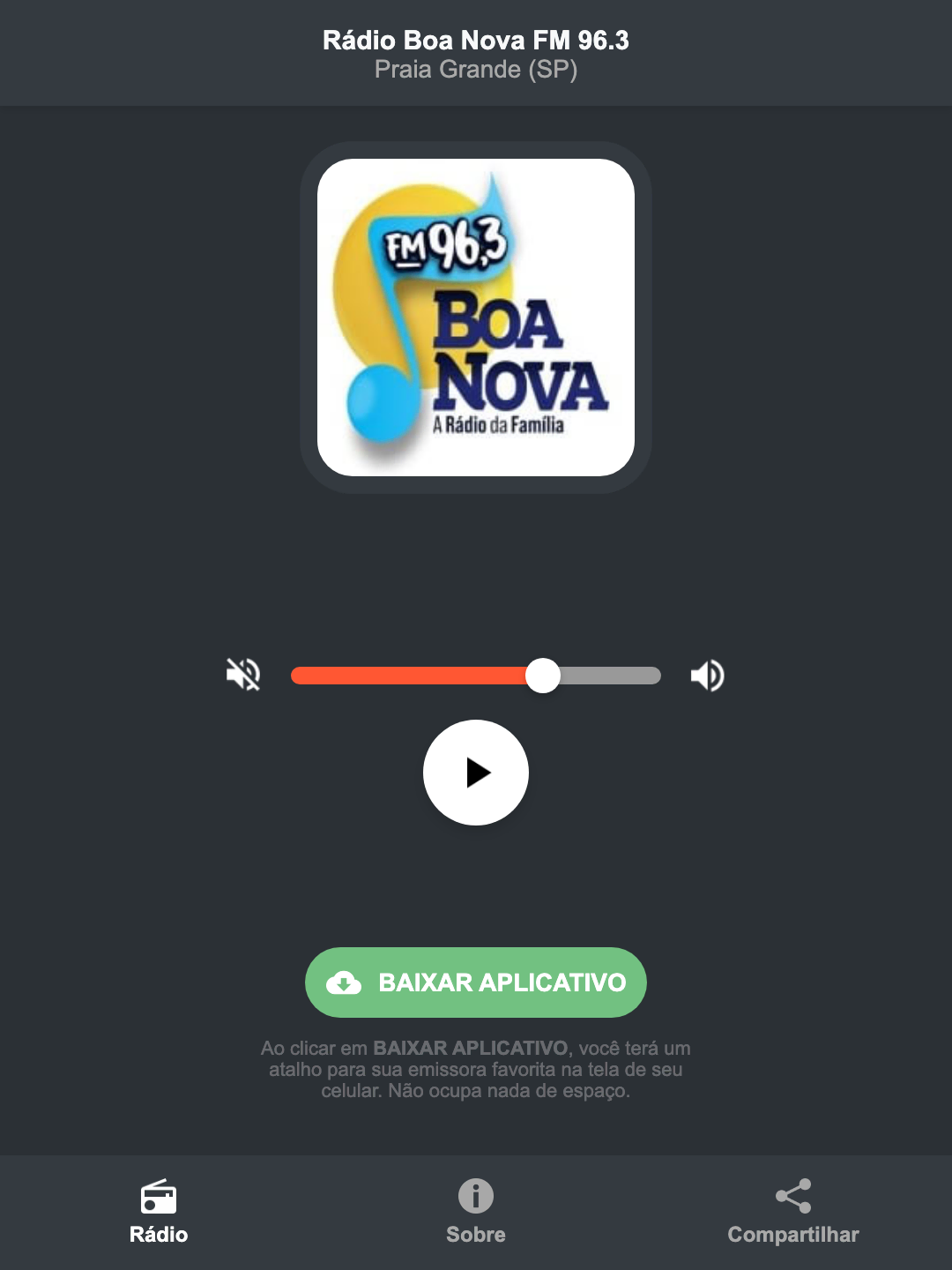 Screenshot do aplicativo da Rádio Boa Nova FM 96.3