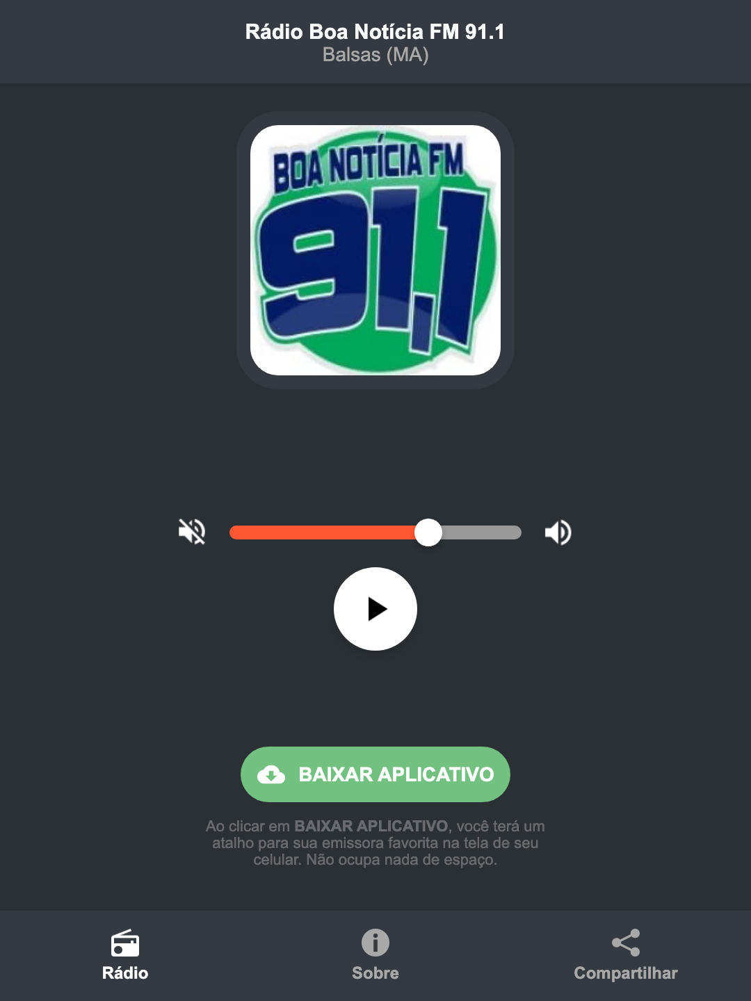 Screenshot do aplicativo da Rádio Boa Notícia FM 91.1