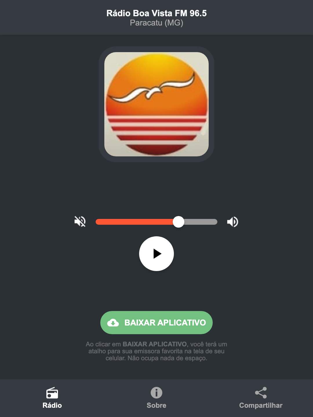 Screenshot do aplicativo da Rádio Boa Vista FM 96.5