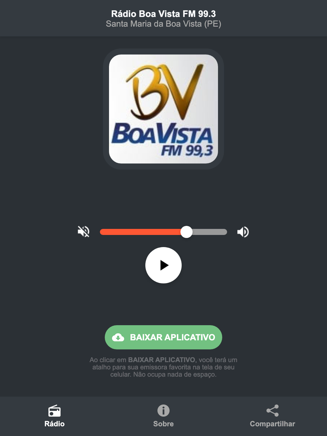 Screenshot do aplicativo da Rádio Boa Vista FM 99.3