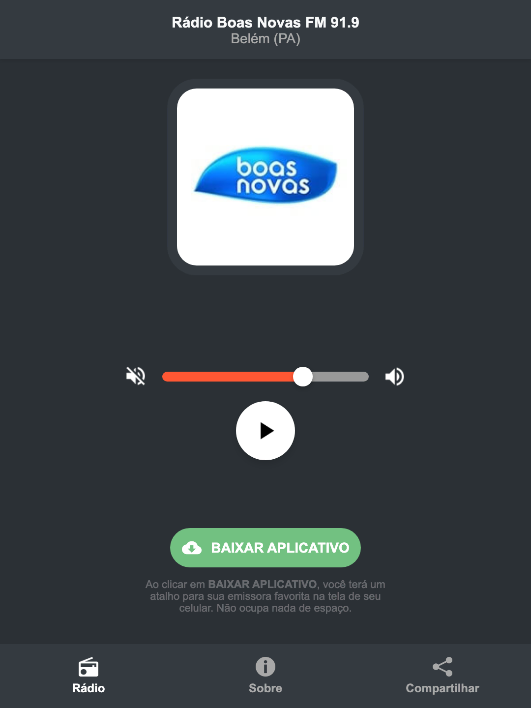 Screenshot do aplicativo da Rádio Boas Novas FM 91.9