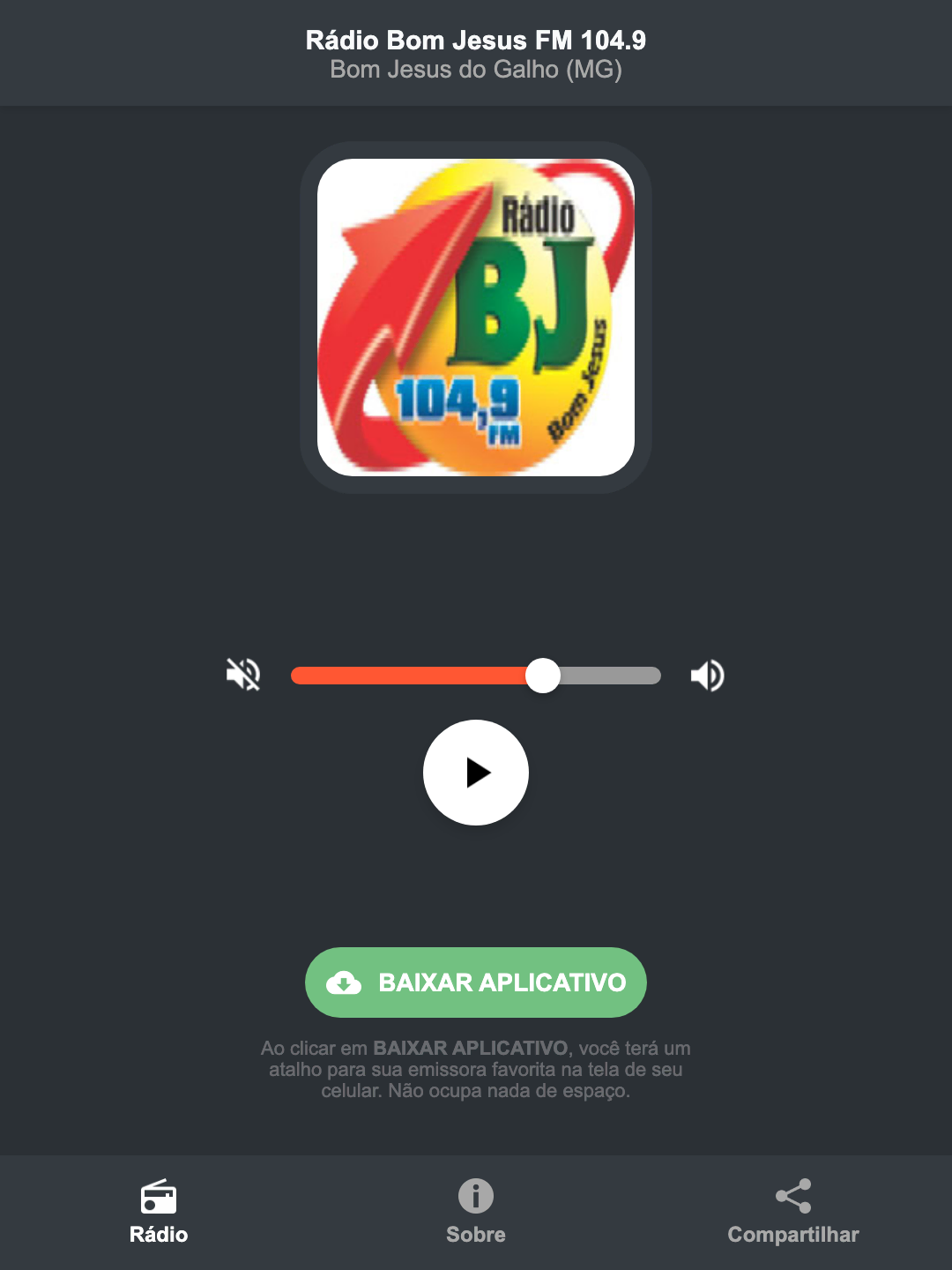 Screenshot do aplicativo da Rádio Bom Jesus FM 104.9