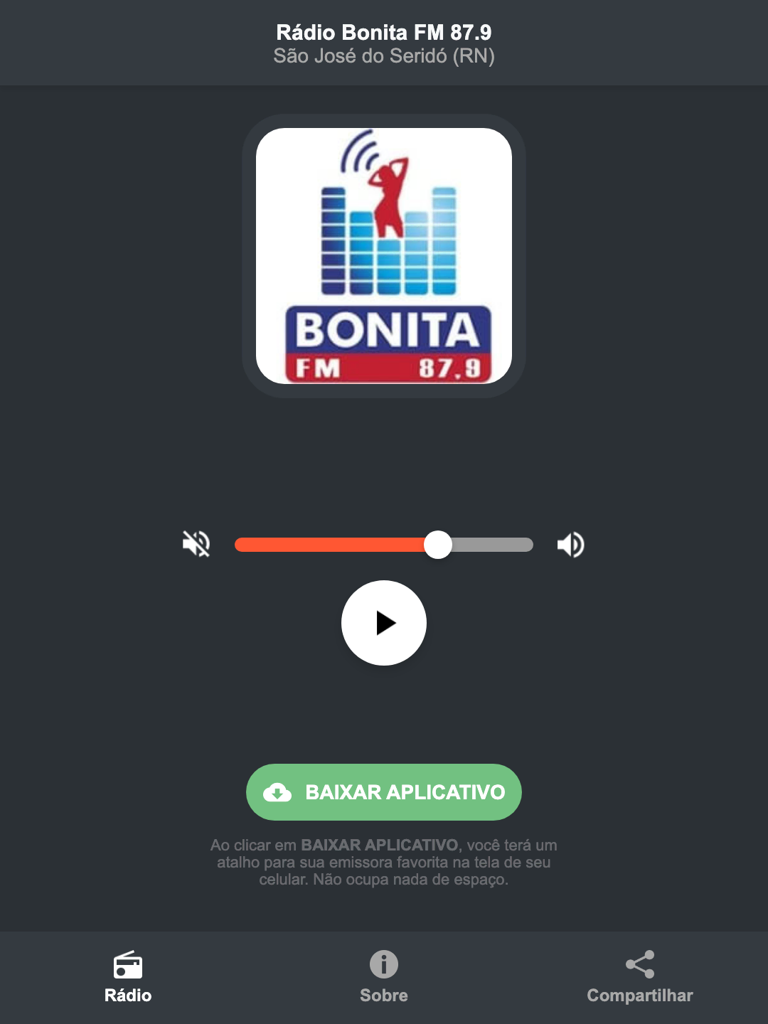 Screenshot do aplicativo da Rádio Bonita FM 87.9