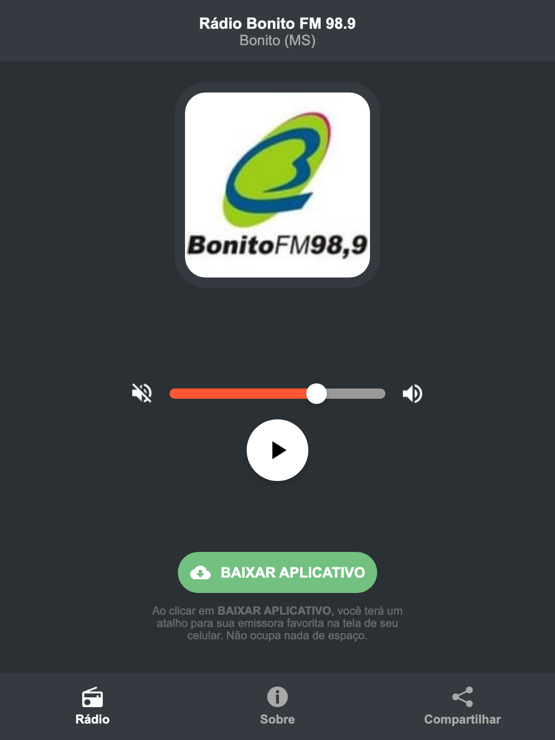 Screenshot do aplicativo da Rádio Bonito FM 98.9