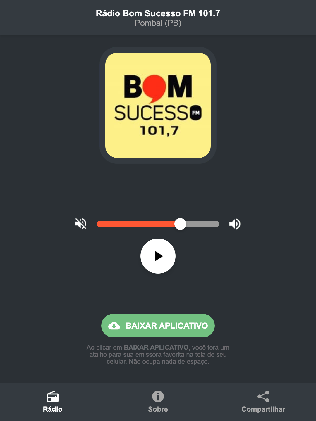 Screenshot do aplicativo da Rádio Bom Sucesso FM 101.7