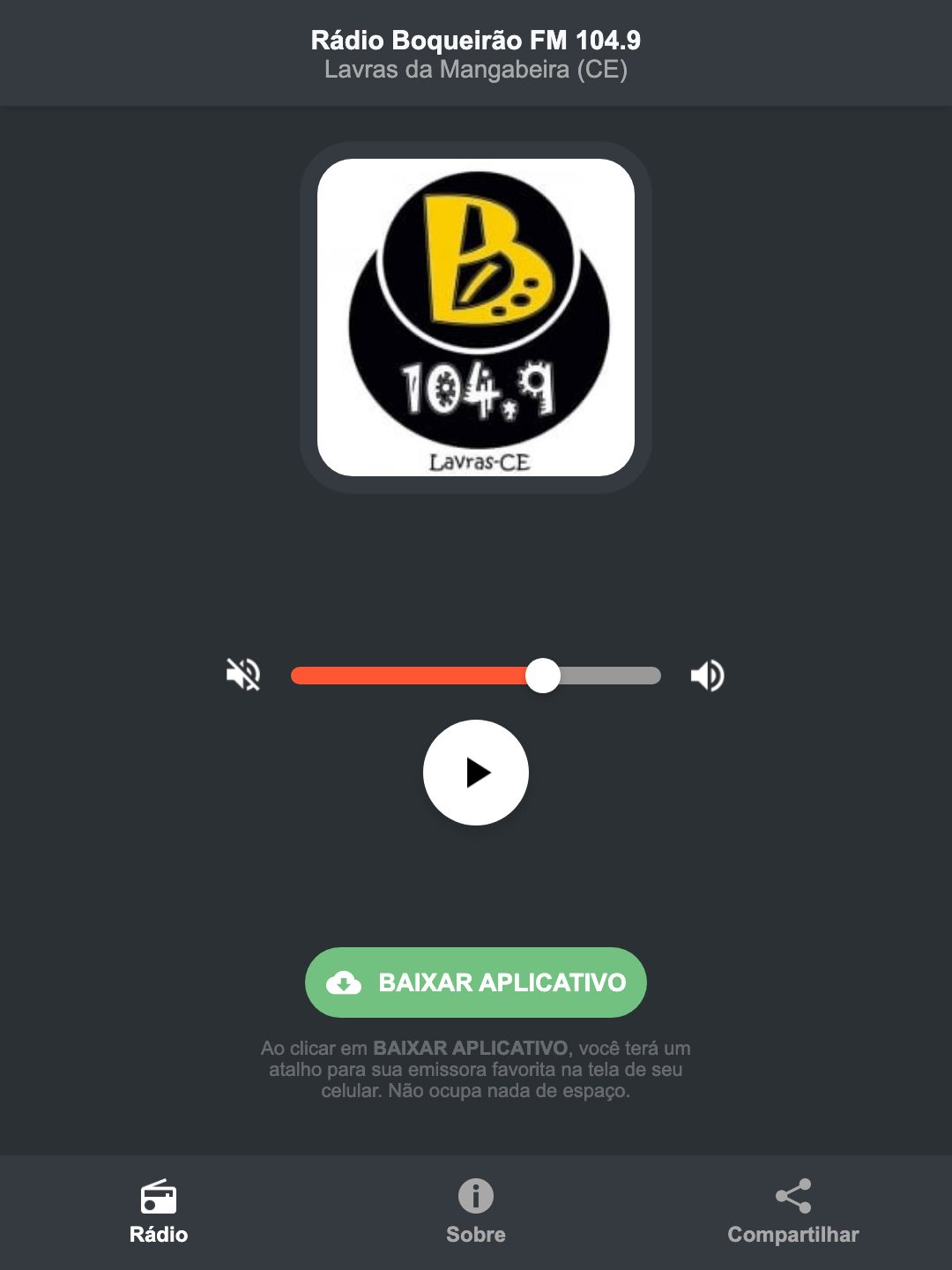 Screenshot do aplicativo da Rádio Boqueirão FM 104.9