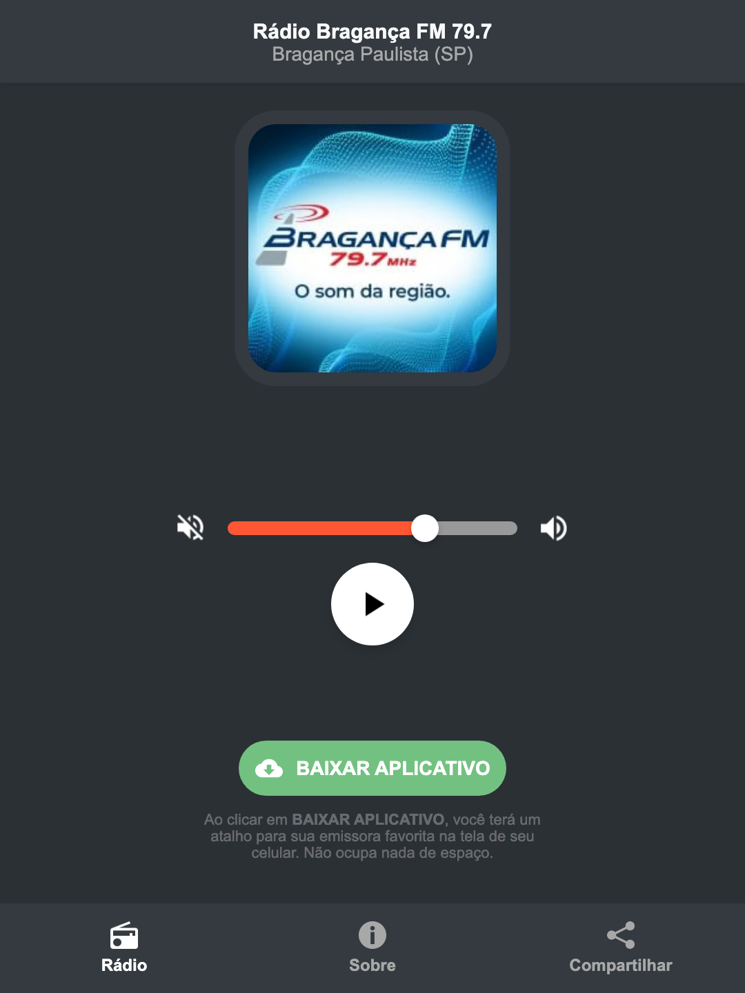 Screenshot do aplicativo da Rádio Bragança FM 79.7