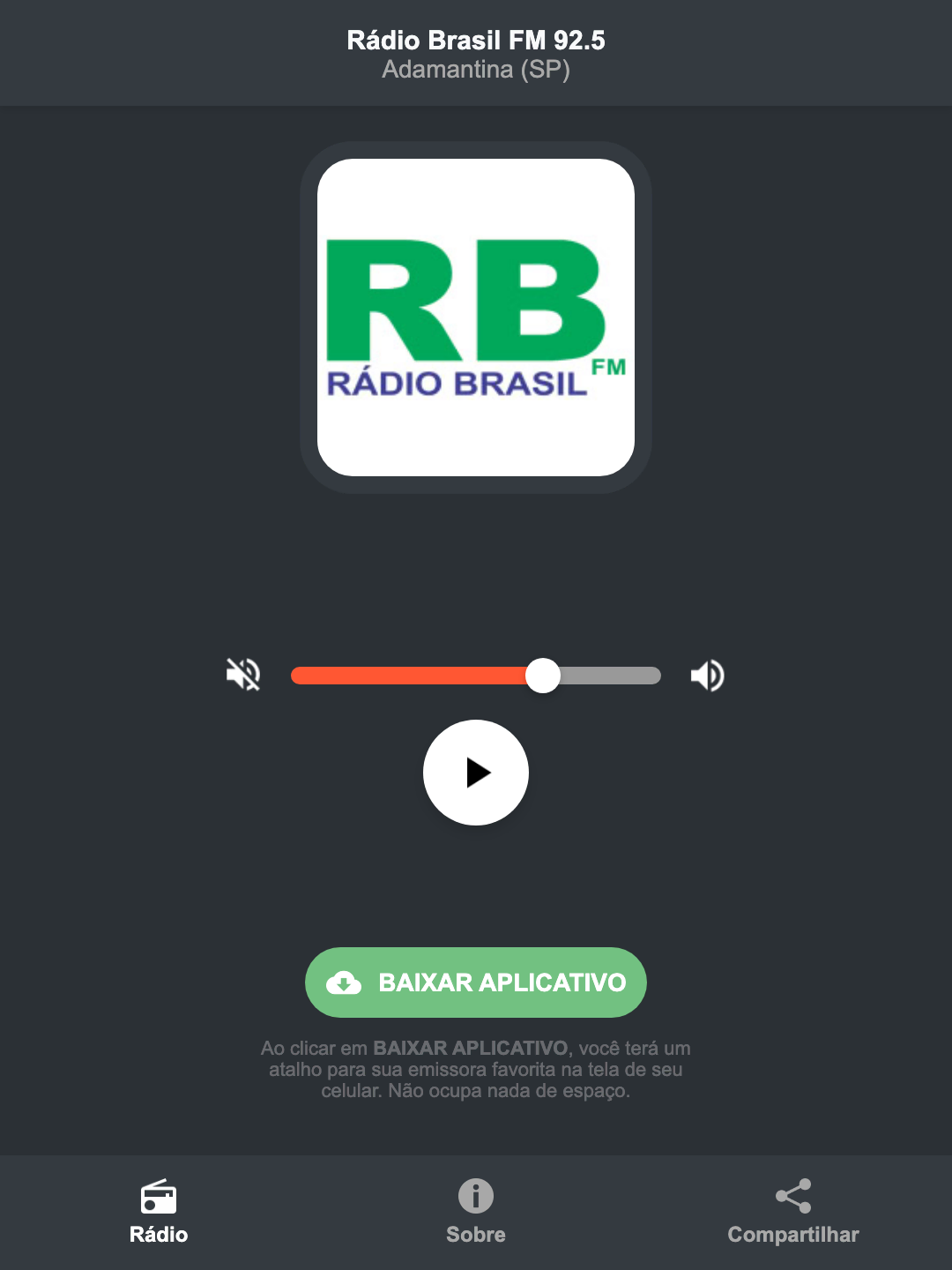 Screenshot do aplicativo da Rádio Brasil FM 92.5