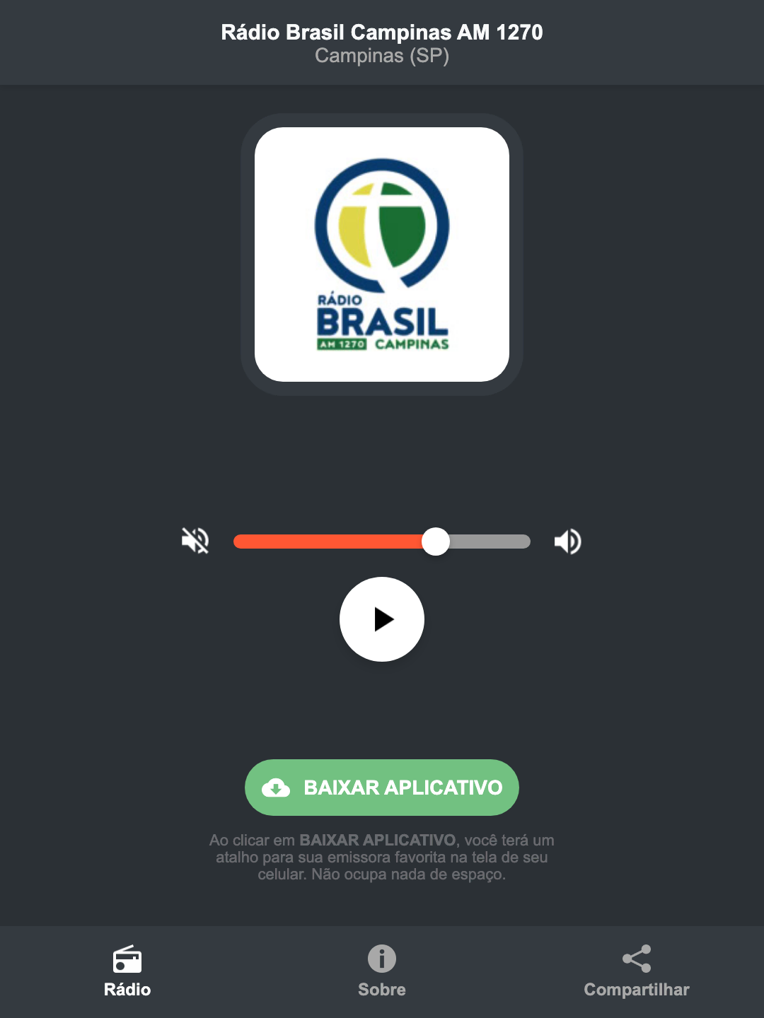 Screenshot do aplicativo da Rádio Brasil Campinas AM 1270