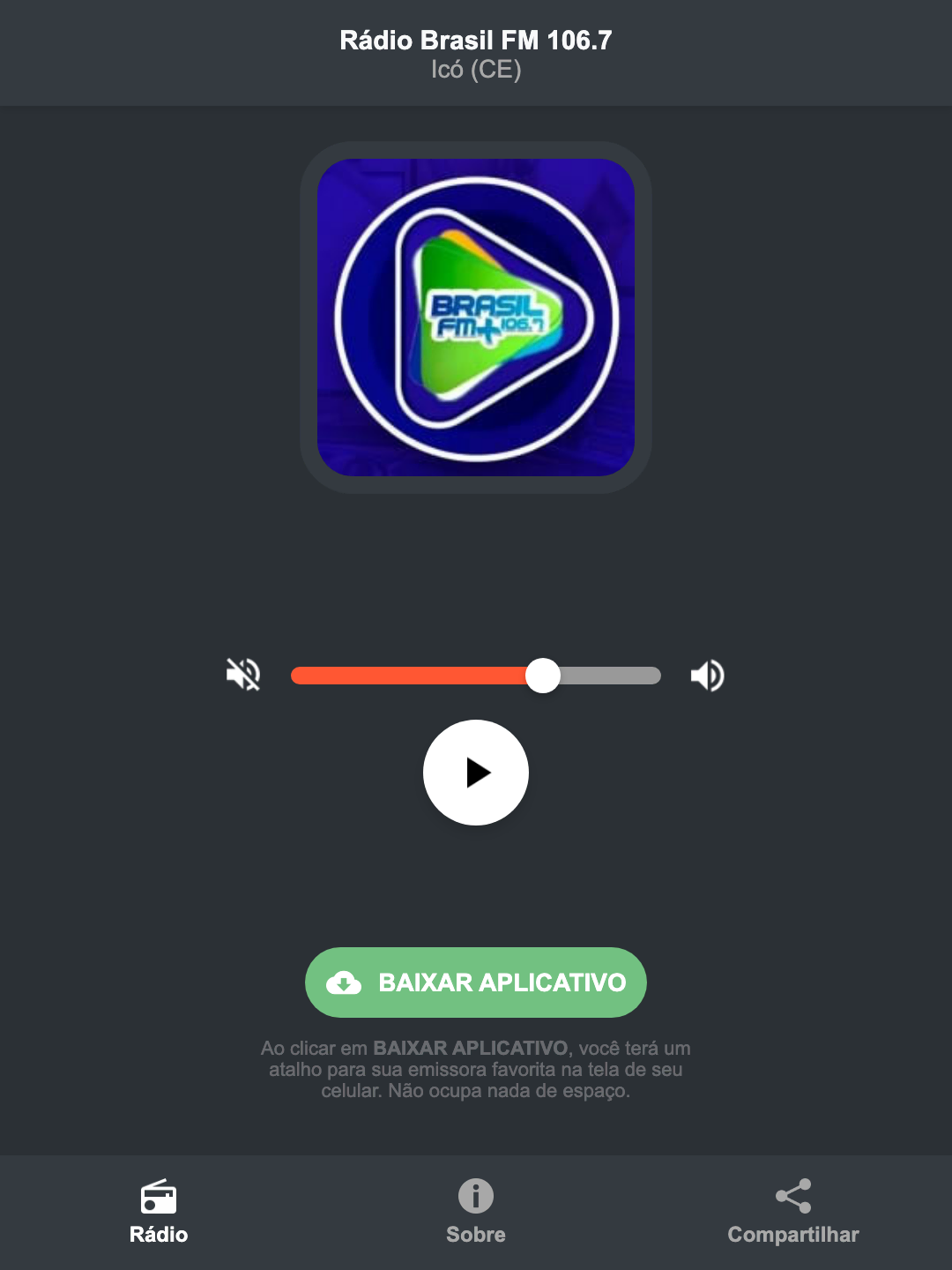 Screenshot do aplicativo da Rádio Brasil FM 106.7