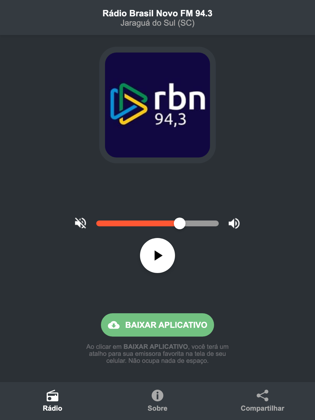 Screenshot do aplicativo da Rádio Brasil Novo FM 94.3