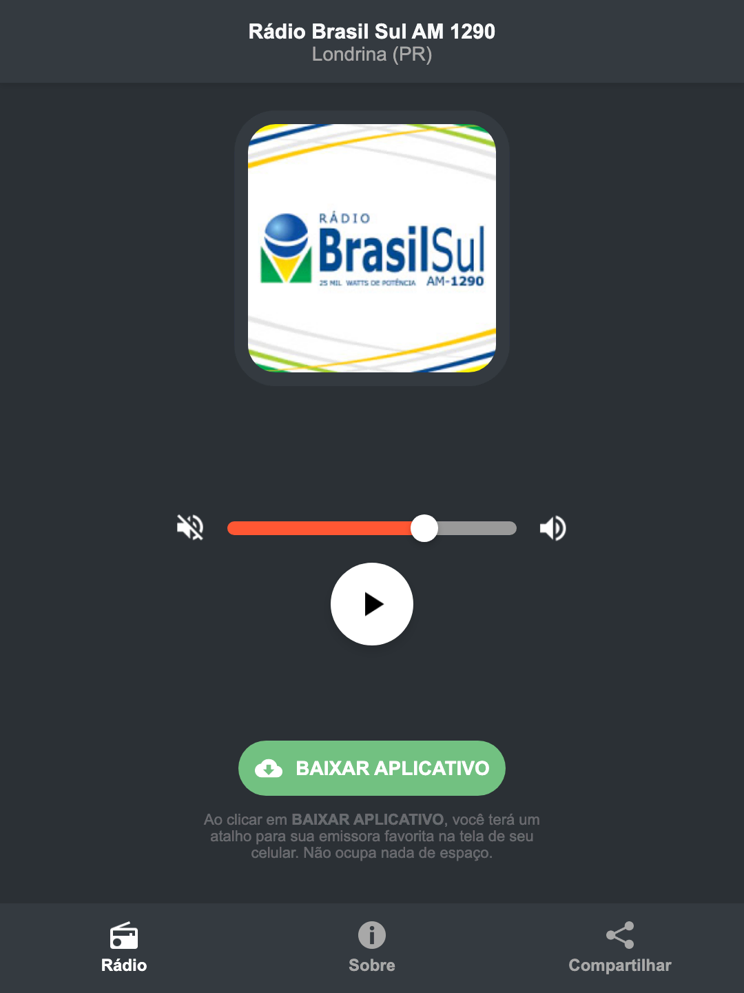 Screenshot do aplicativo da Rádio Brasil Sul AM 1290