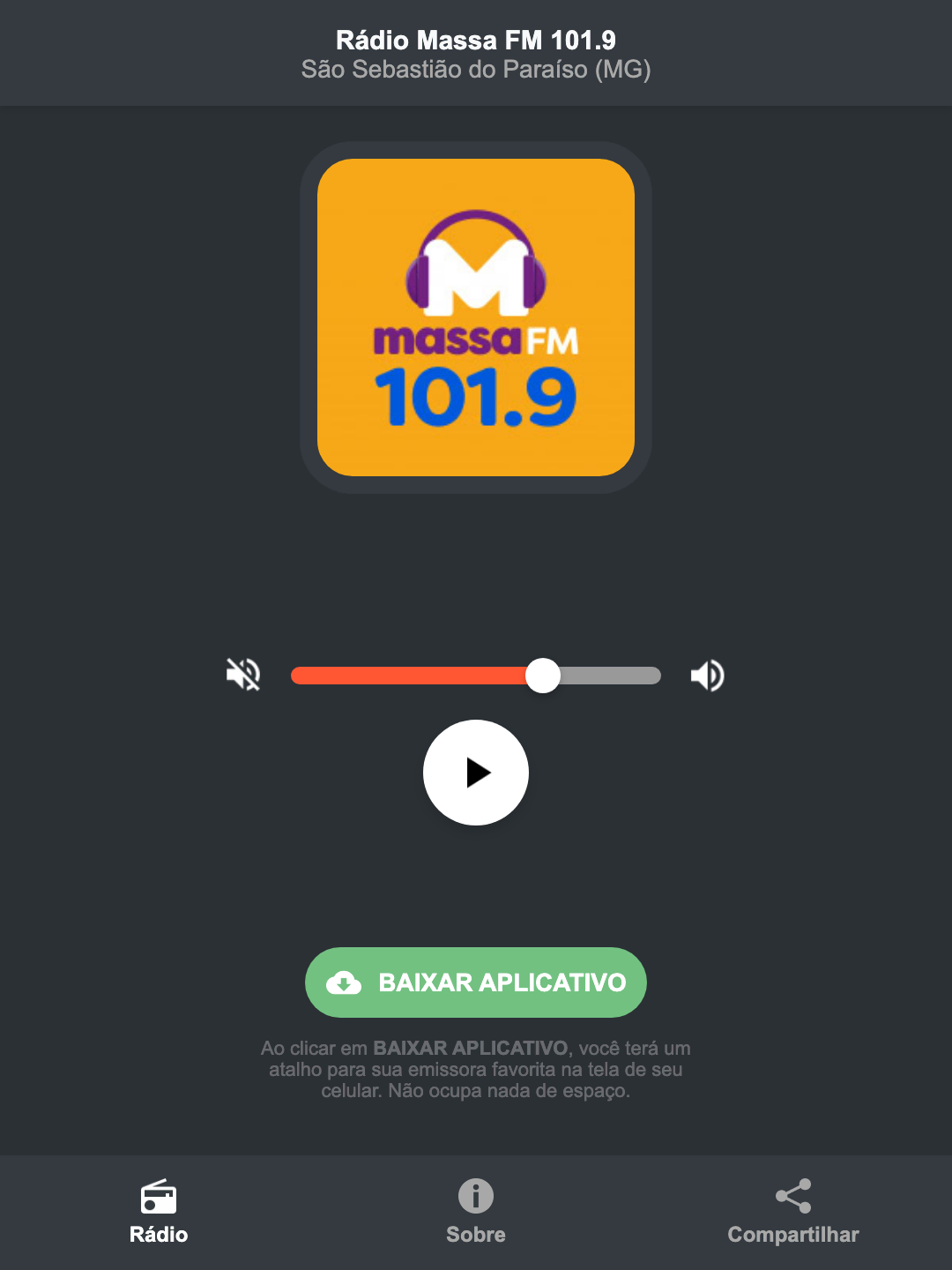 Screenshot do aplicativo da Rádio Massa FM 101.9
