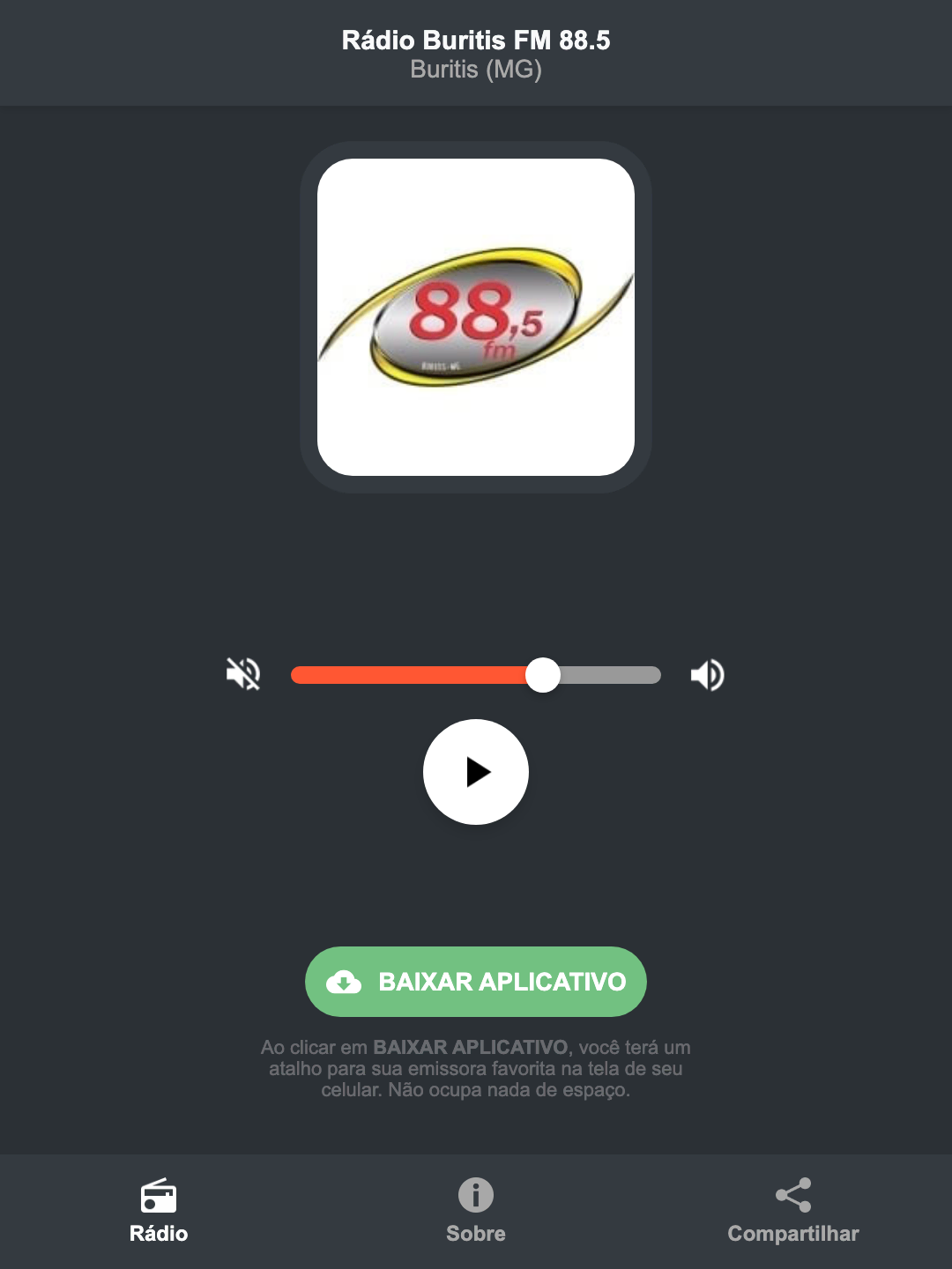 Screenshot do aplicativo da Rádio Buritis FM 88.5