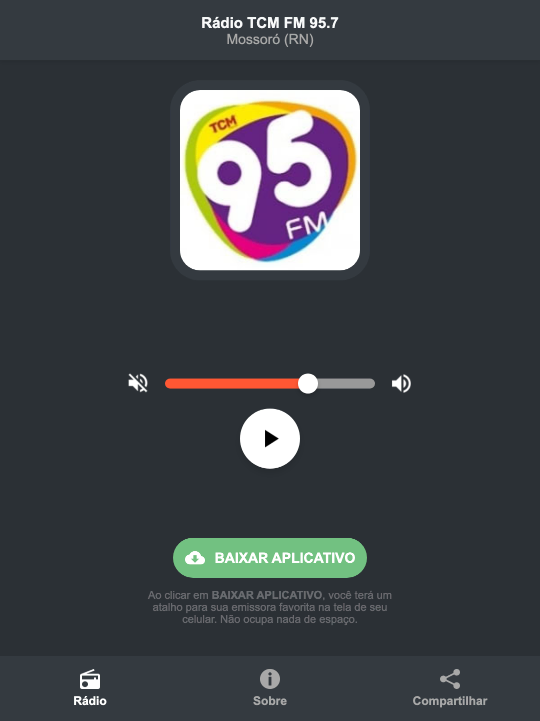 Screenshot do aplicativo da Rádio TCM FM 95.7