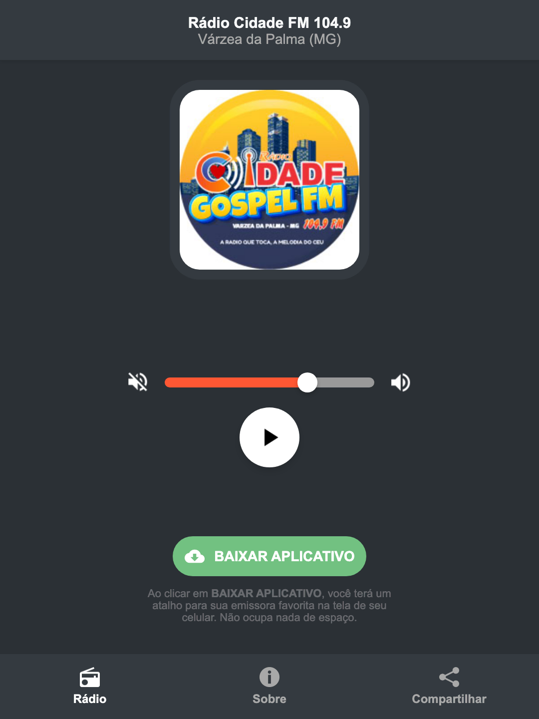 Screenshot do aplicativo da Rádio Cidade FM 104.9