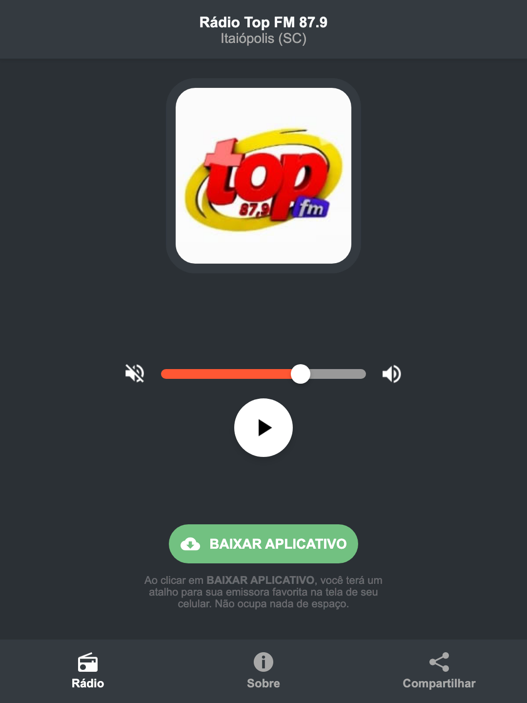 Screenshot do aplicativo da Rádio Top FM 87.9