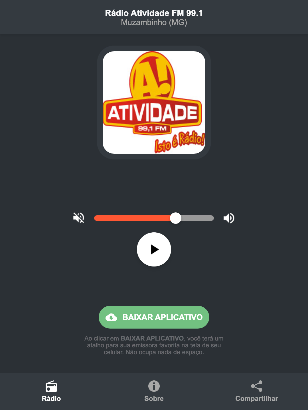 Screenshot do aplicativo da Rádio Atividade FM 99.1