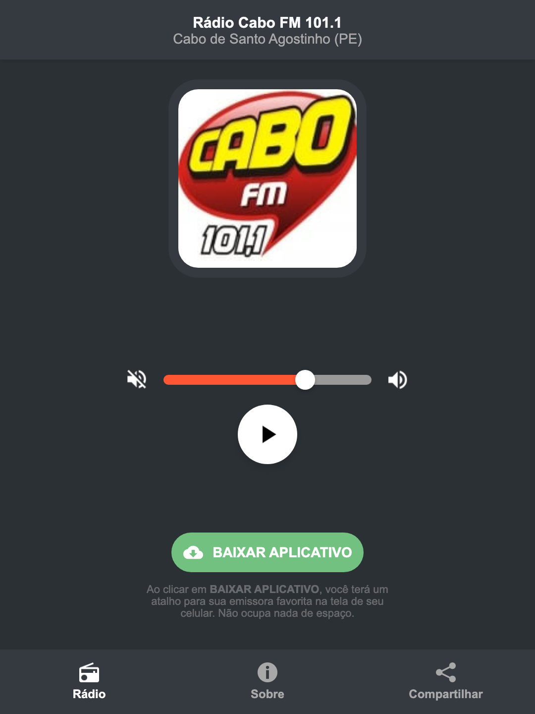 Screenshot do aplicativo da Rádio Cabo FM 101.1