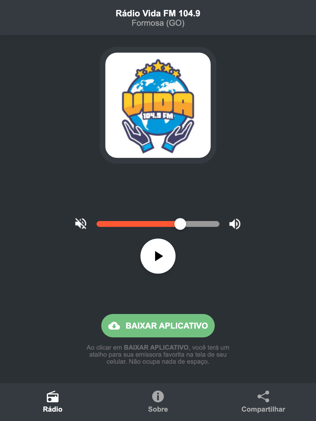 Screenshot do aplicativo da Rádio Vida FM 104.9