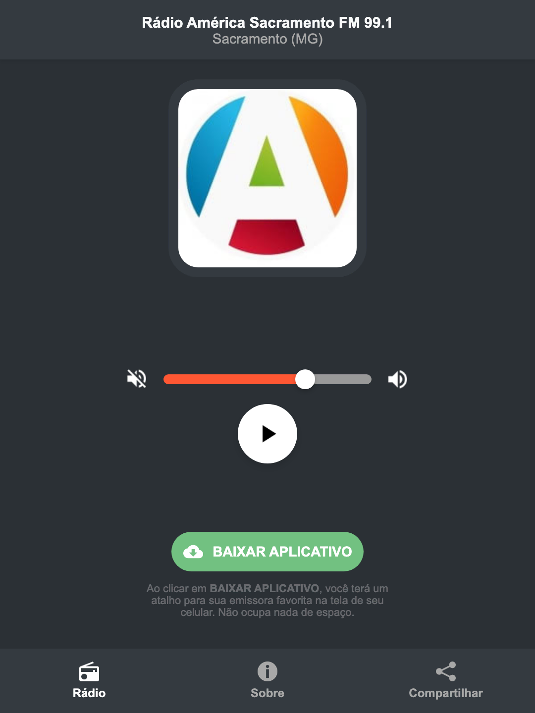 Screenshot do aplicativo da Rádio América Sacramento FM 99.1