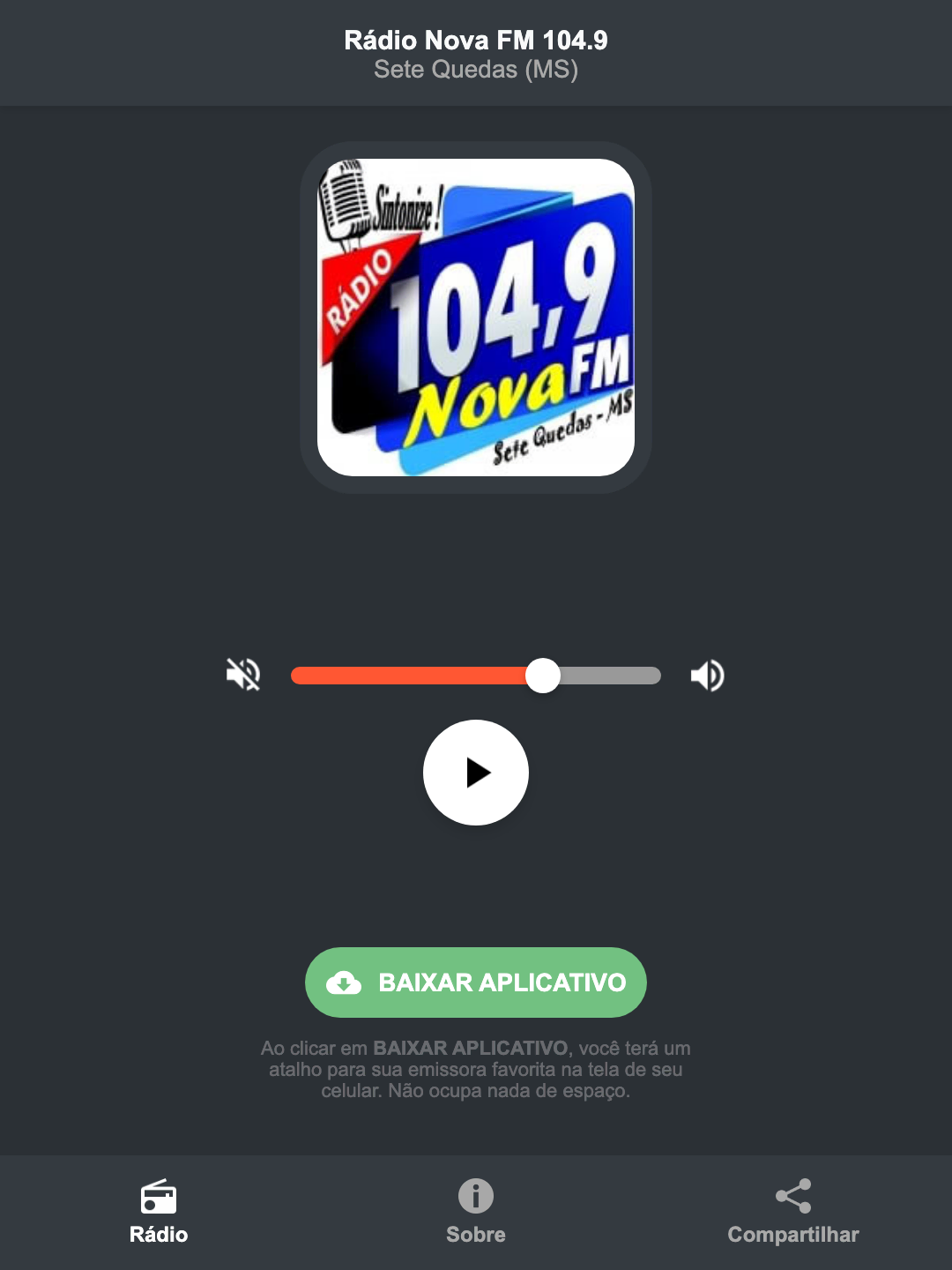 Screenshot do aplicativo da Rádio Nova FM 104.9