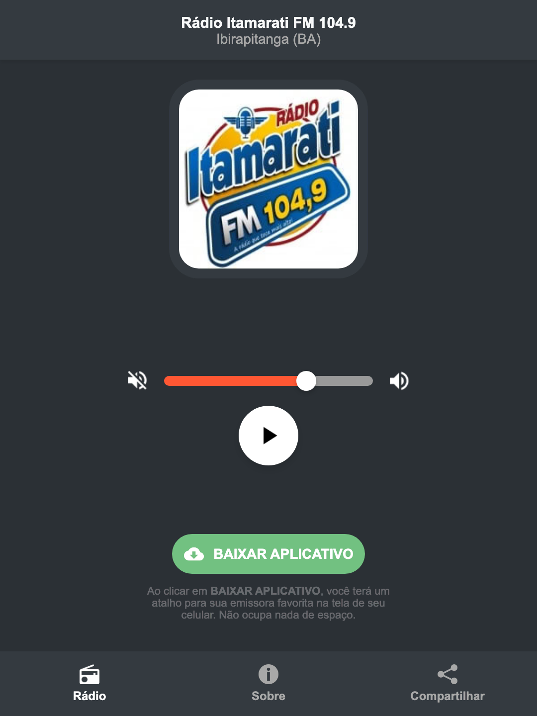 Screenshot do aplicativo da Rádio Itamarati FM 104.9