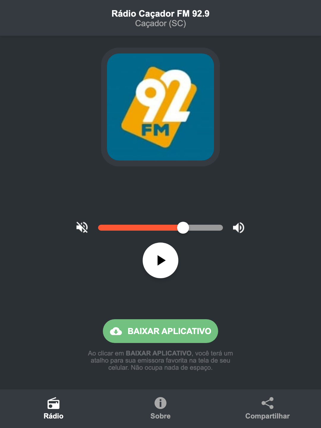 Screenshot do aplicativo da Rádio Caçador FM 92.9