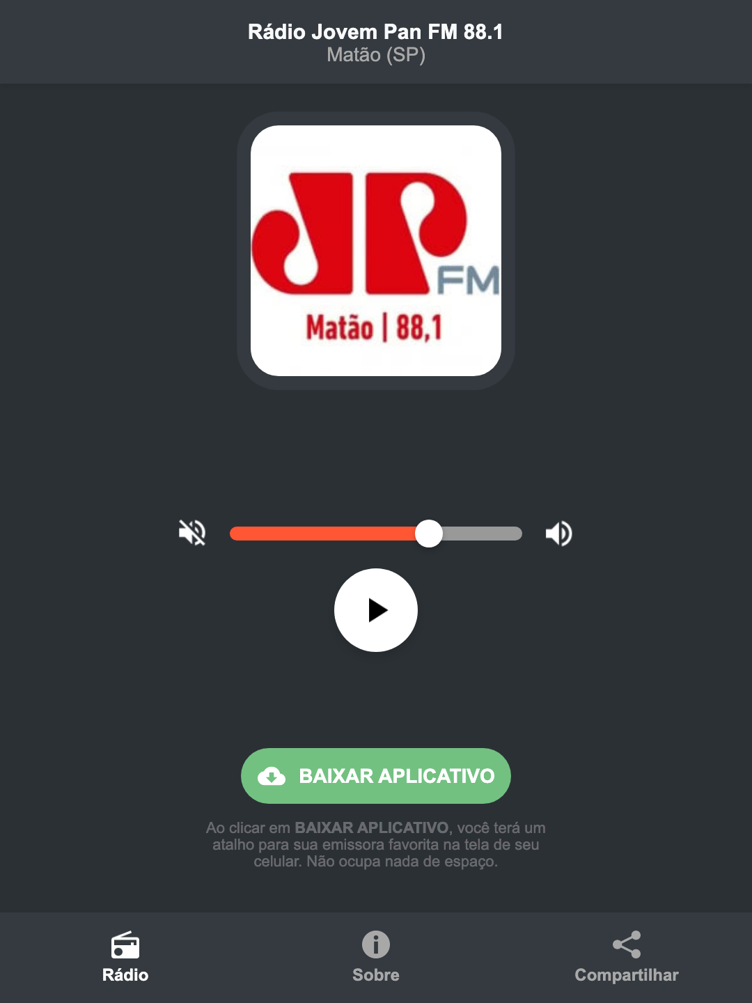 Screenshot do aplicativo da Rádio Jovem Pan FM 88.1