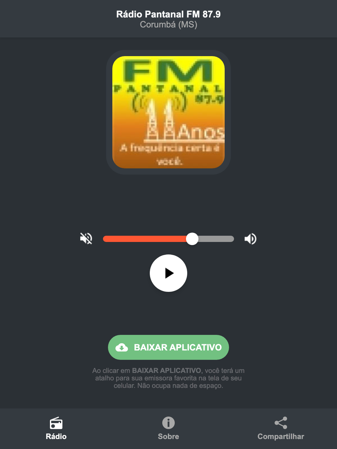 Screenshot do aplicativo da Rádio Pantanal FM 87.9