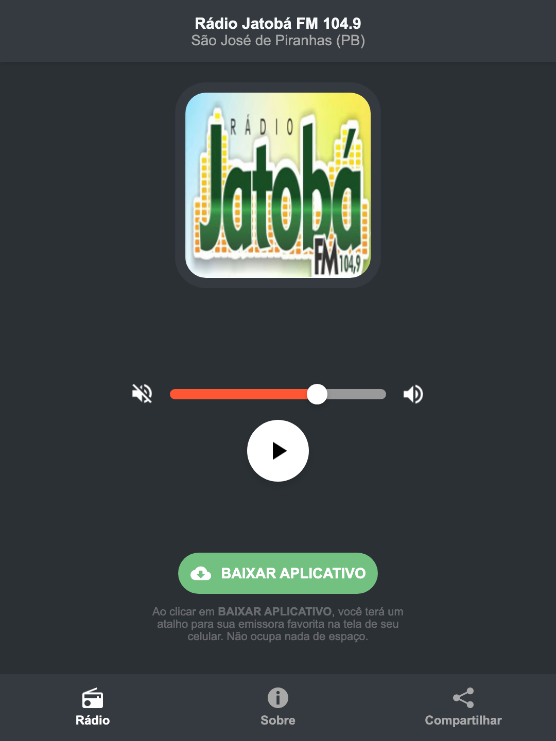 Screenshot do aplicativo da Rádio Jatobá FM 104.9