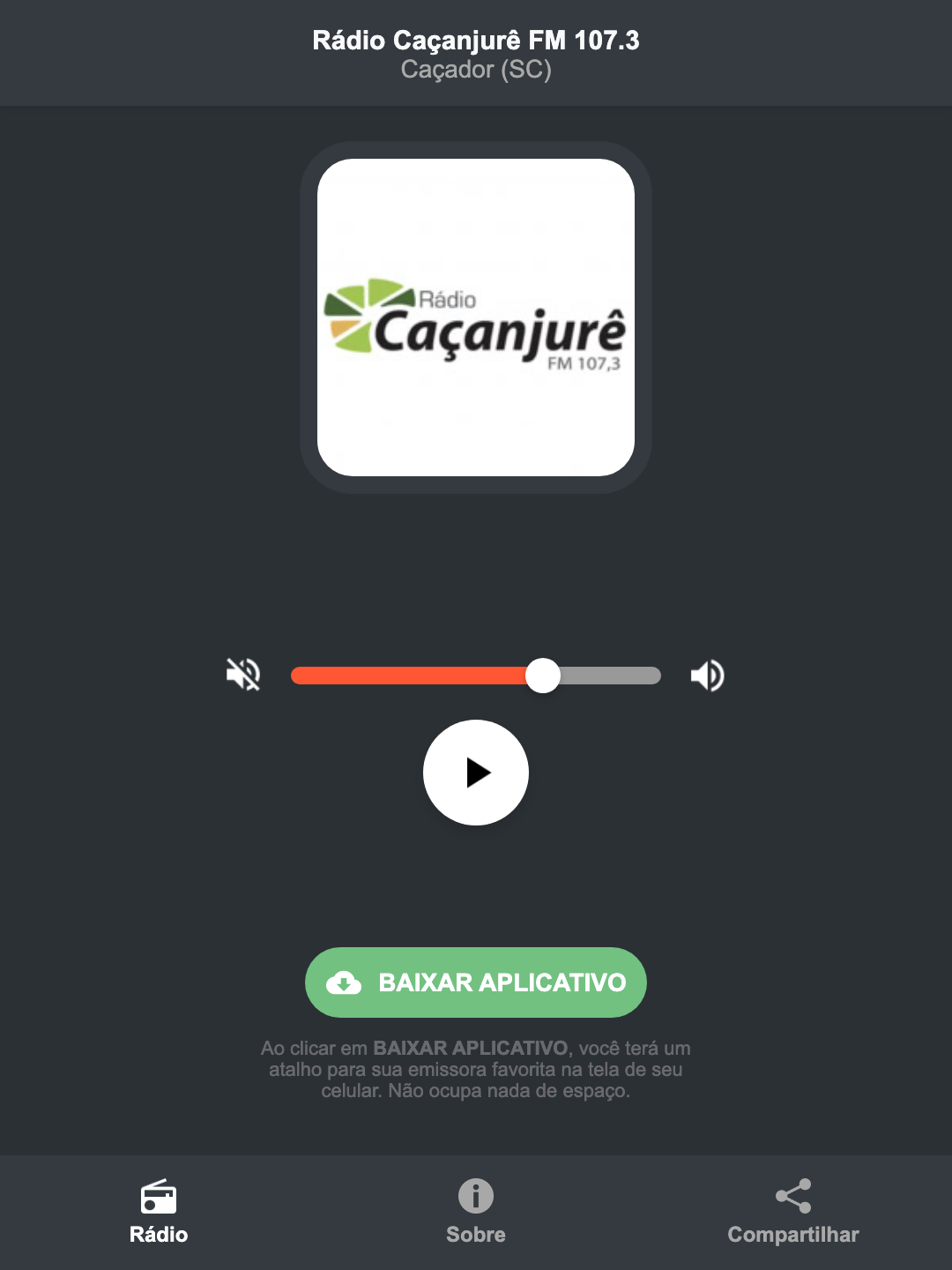 Screenshot do aplicativo da Rádio Caçanjurê FM 107.3