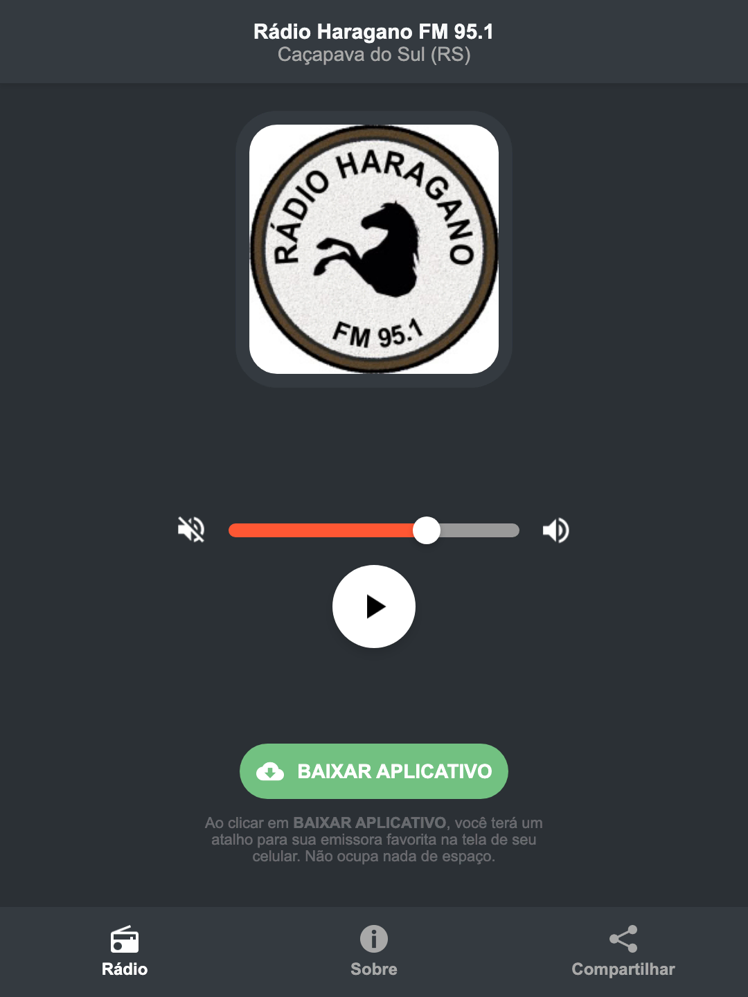 Screenshot do aplicativo da Rádio Haragano FM 95.1